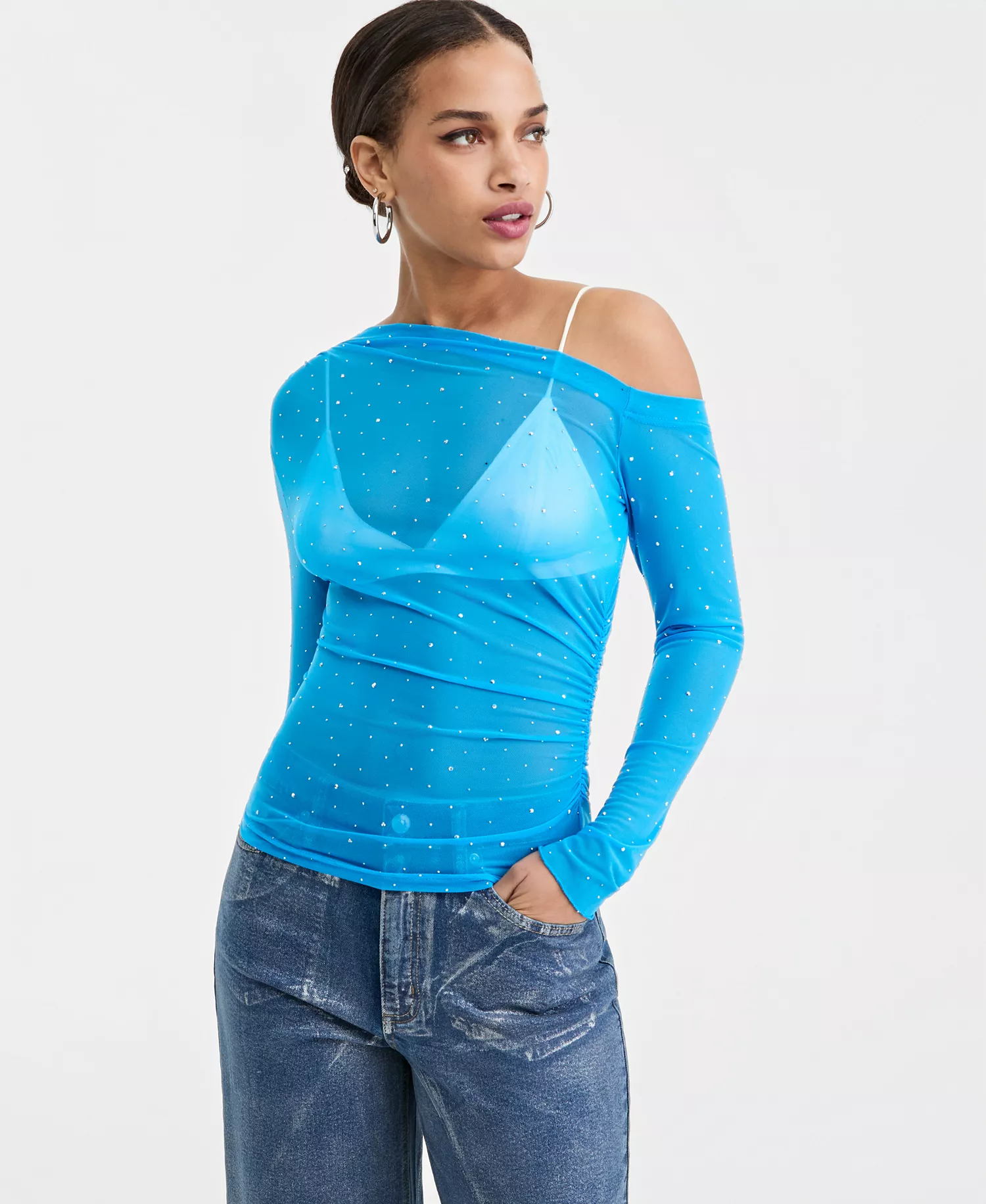 mni-546dfca58a6a6dfa661e36ded061bc21 Women's Asymmetric Embellished Mesh Top, Macy's Exclusive