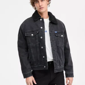 Dex Stone Wash Denim Trucker Jacket with Fleece Collar