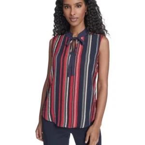Women's Sleeveless Striped Tie V-Neck Blouse