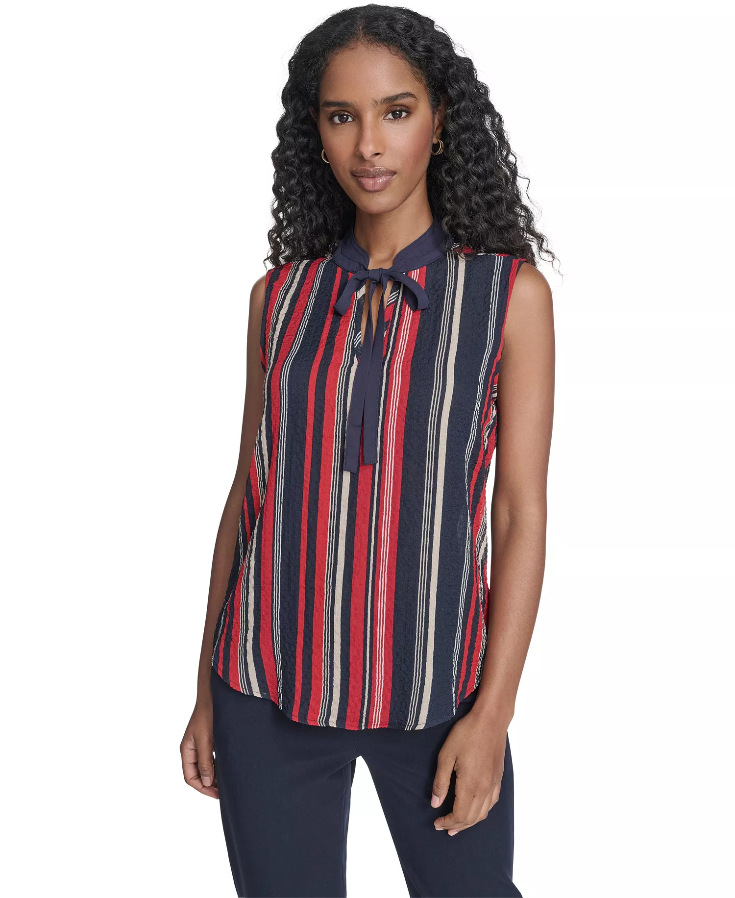 mni-581125df93ee532fcd74161b6916706d Women's Sleeveless Striped Tie V-Neck Blouse
