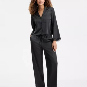 Women's Long-Sleeve Lace Trim Boxy Satin Notch Set, Created for Macy's