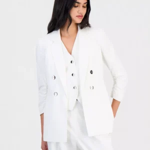 Women's Linen-Blend Scrunch-Sleeve Blazer, Button-Front Vest & Pull-On Pants, Macy's Exclusive