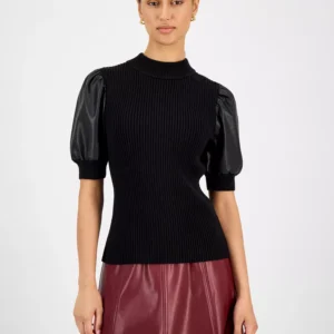 Women's Ribbed Faux-Leather-Sleeve Top