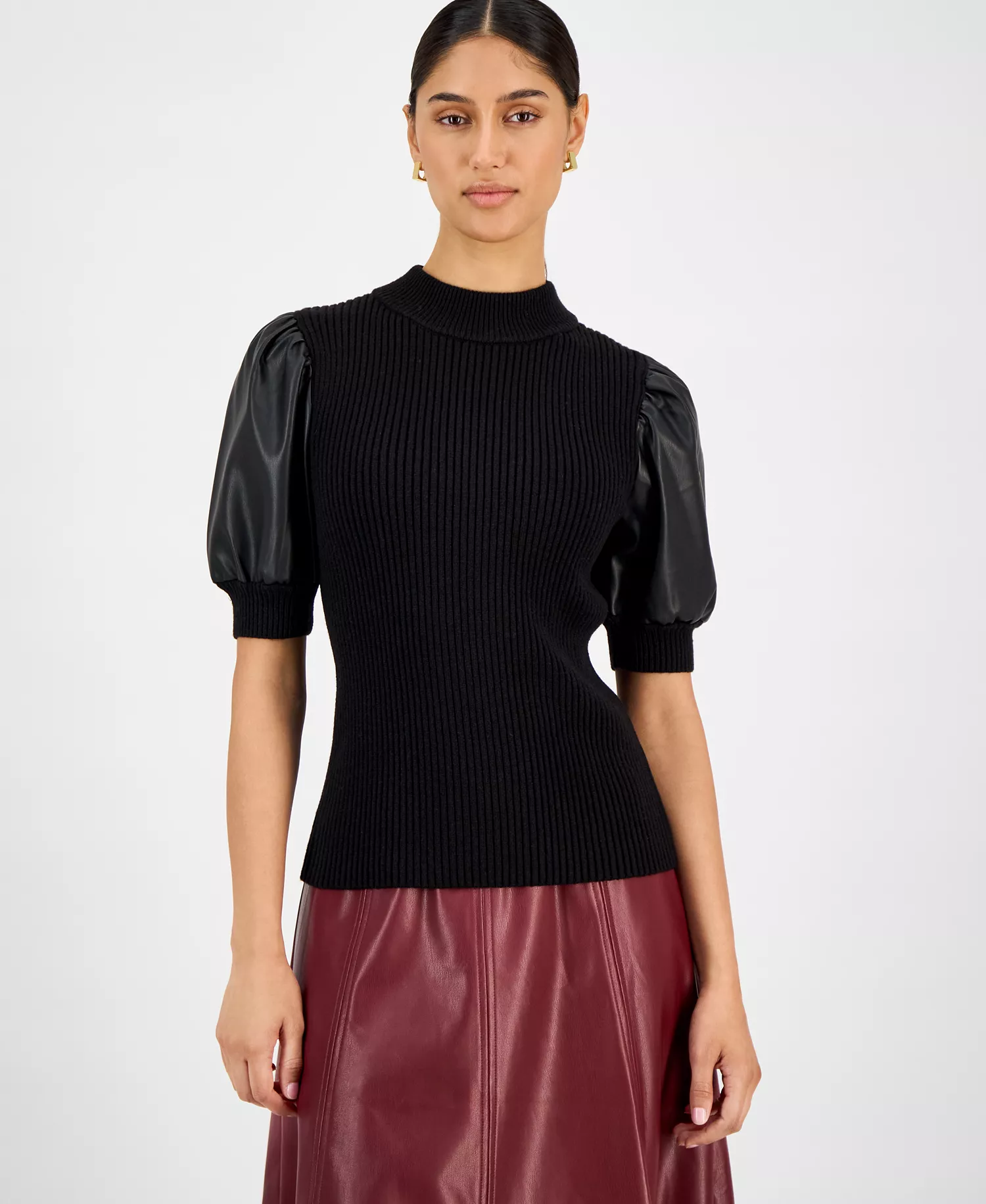 mni-5e3078b315251b388f338812bd69338c Women's Ribbed Faux-Leather-Sleeve Top