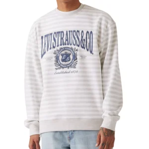 Men's Relaxed Fit Long Sleeve Logo Graphic Striped Crewneck Sweatshirt