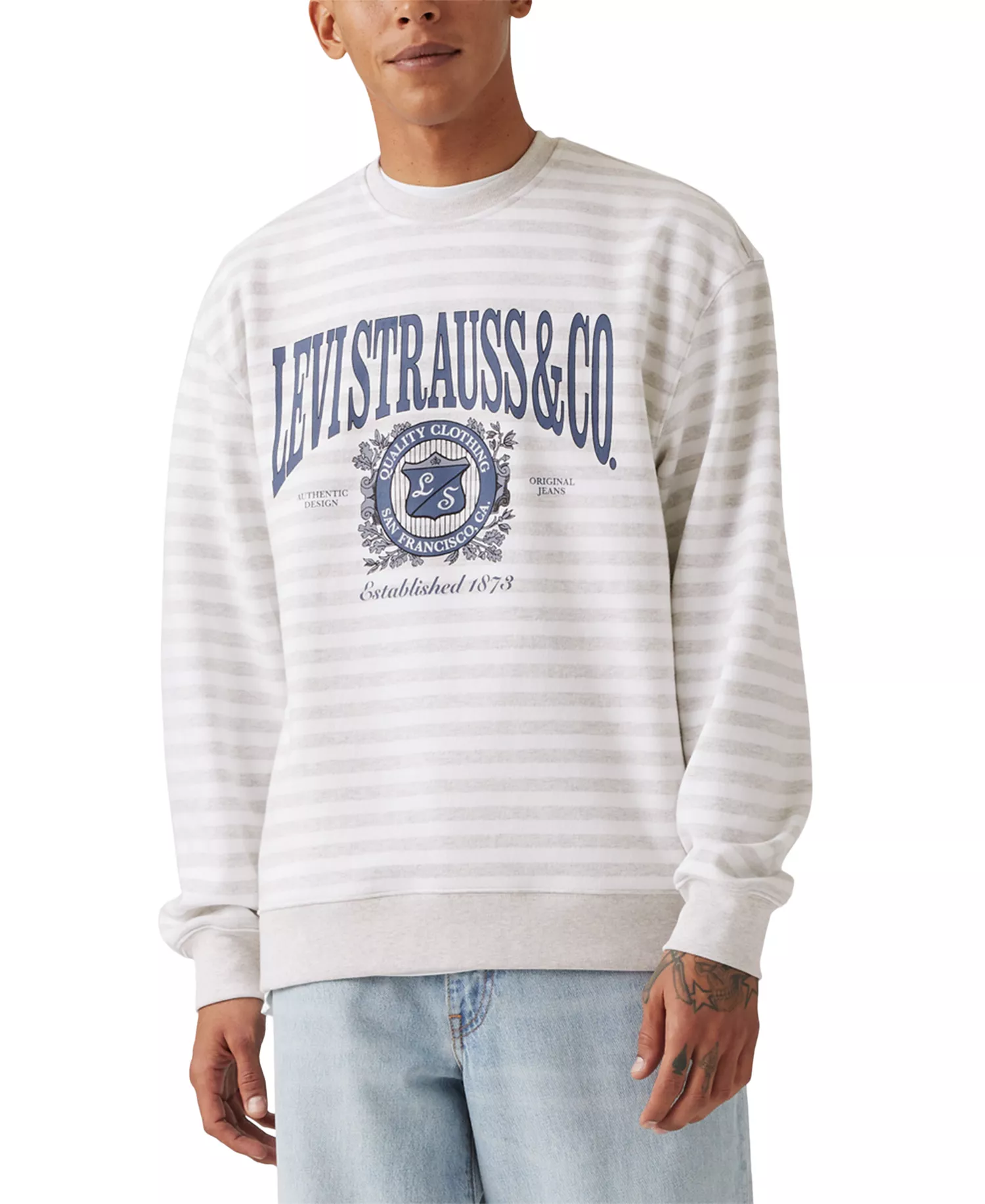 mni-5e3c4e08d1d6dea9d7de14122e851752 Men's Relaxed Fit Long Sleeve Logo Graphic Striped Crewneck Sweatshirt
