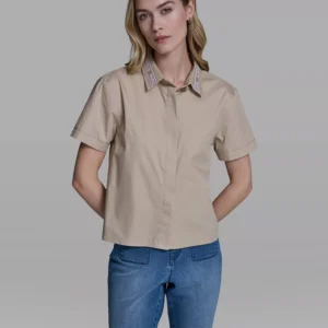 Women's Short-Sleeve Embroidered-Collar Top