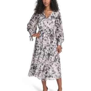 Women's Printed Tie Sleeve V-Neck Dress