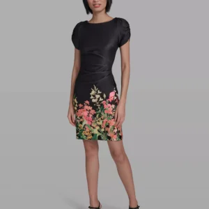 Women's Short-Sleeve Floral Border Hem Sheath Dress