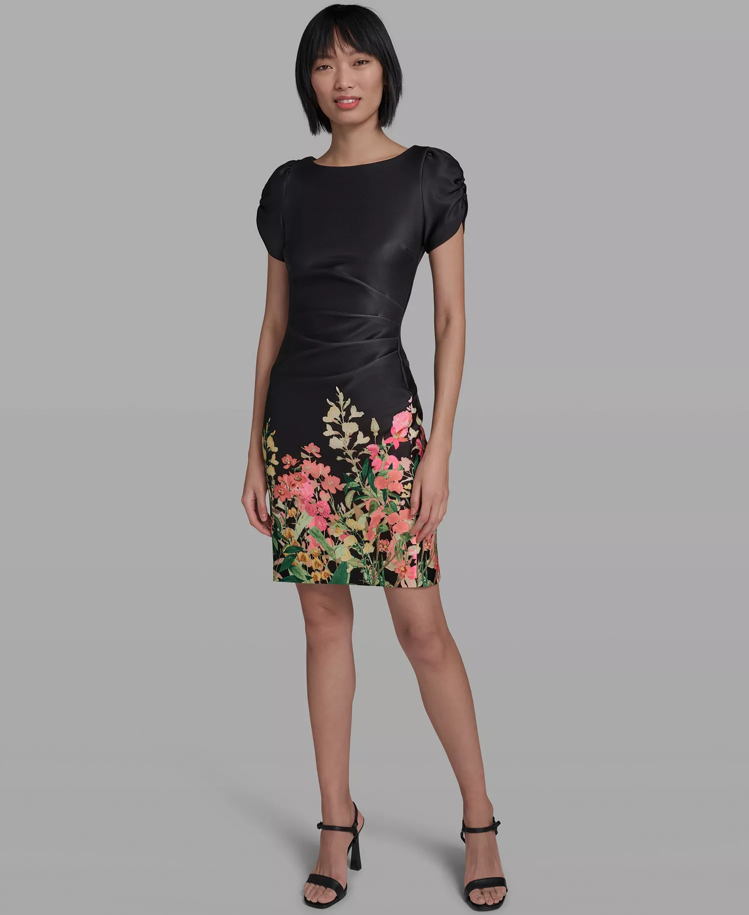 mni-5fb1eb6b9f0cd180dfc354ab336022ea Women's Short-Sleeve Floral Border Hem Sheath Dress