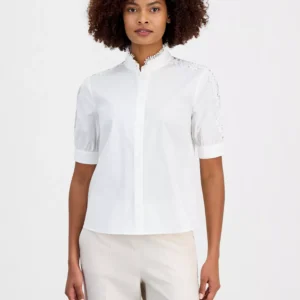 Women's Mandarin-Collar Lace-Trim Blouse