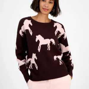 Women's Horse-Print Crewneck Long-Sleeve Sweater
