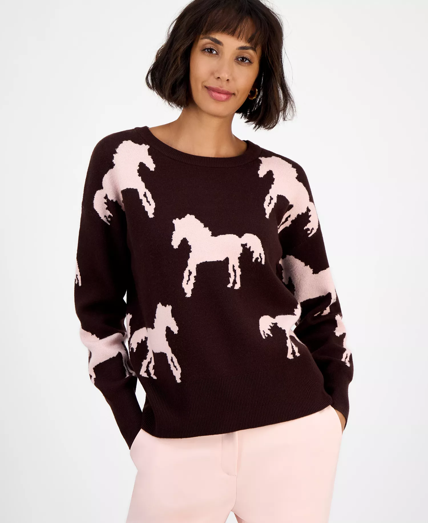 mni-612fe640f84a22720ef5920693992a85 Women's Horse-Print Crewneck Long-Sleeve Sweater