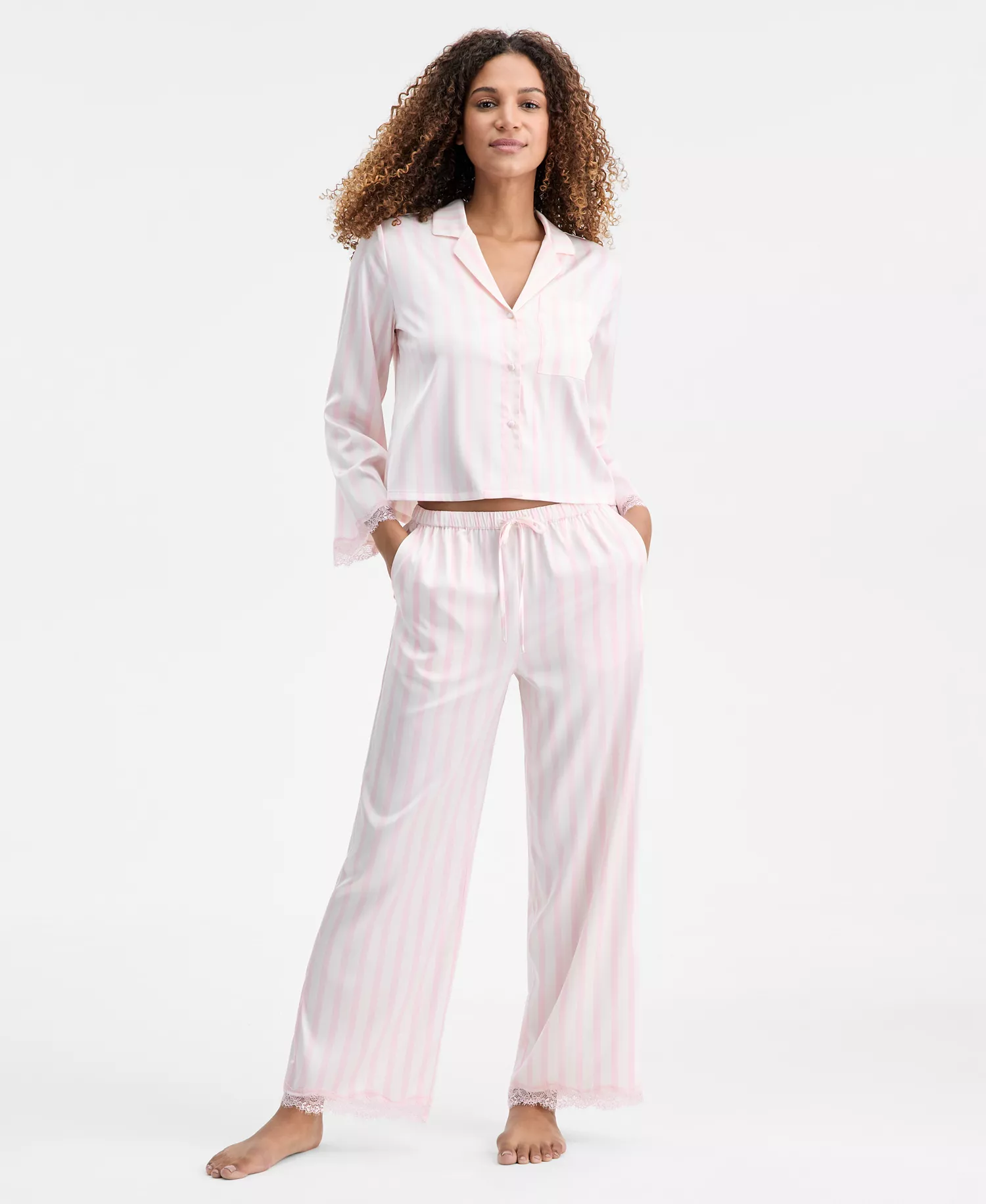 mni-618b4e4008426086f46b7d446f988f3e Women's Long-Sleeve Lace Trim Boxy Satin Notch Set, Created for Macy's