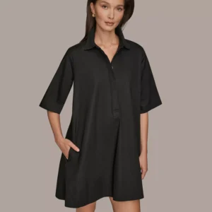 Women's Stretch Poplin Elbow-Sleeve Hidden Placket Dress