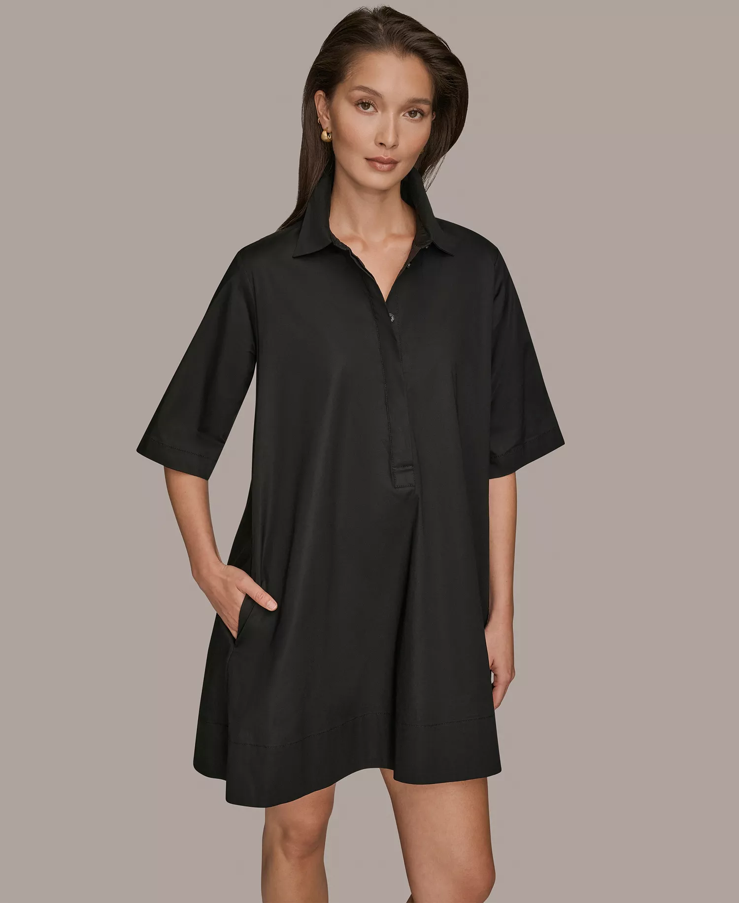 mni-6317e052785cccbeafd77260b4d0d420 Women's Stretch Poplin Elbow-Sleeve Hidden Placket Dress