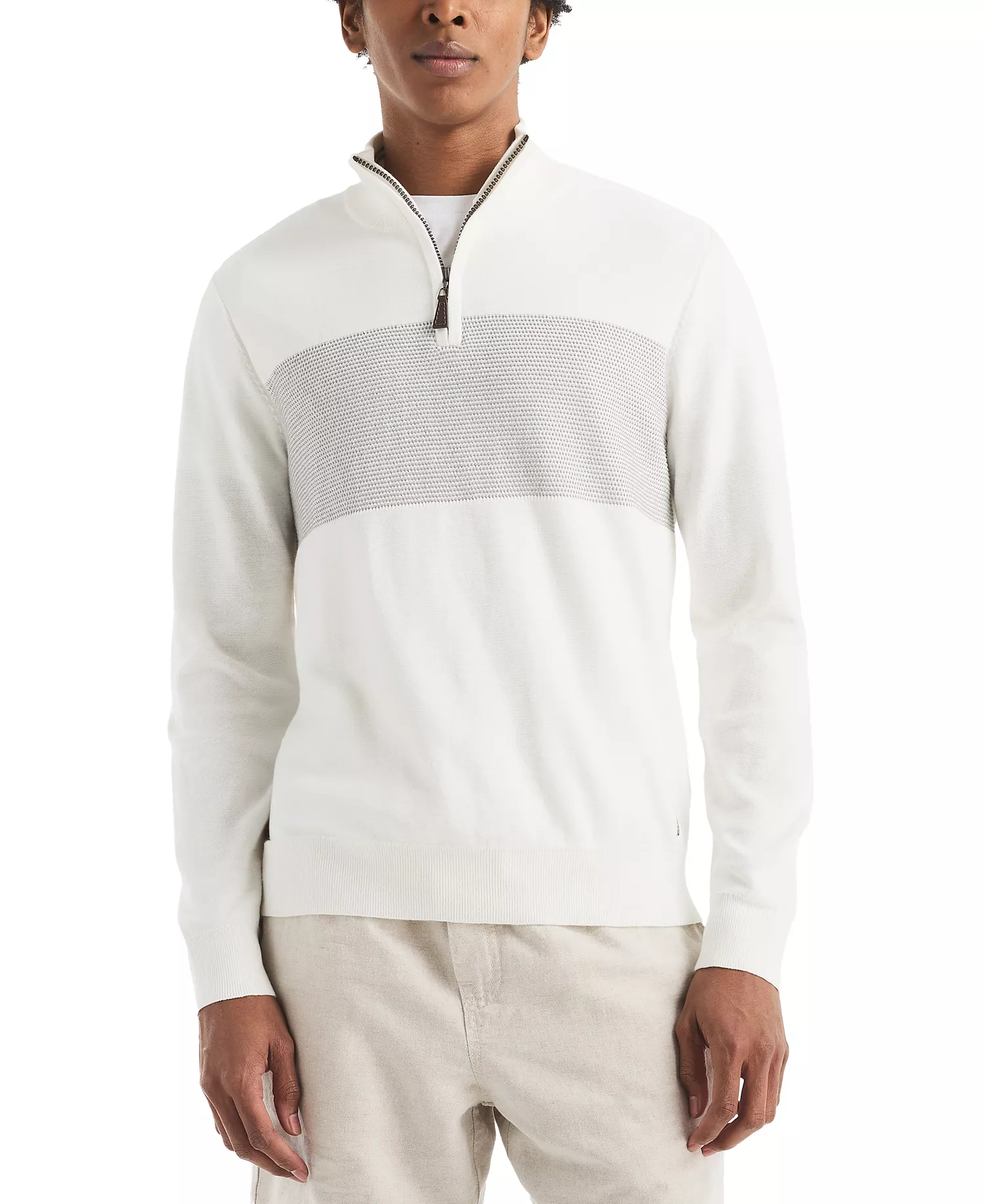 mni-633726bf0e83f5e6a8a17a8d0bbbfc53 Men's Textured Quarter-Zip Colorblocked Sweater