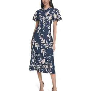 Women's Printed Flutter Sleeve Crew Neck Midi Dress