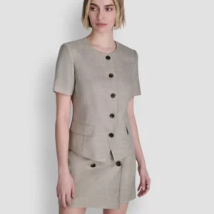 Women's Windowpane Short-Sleeve Crew Neck Structured Top