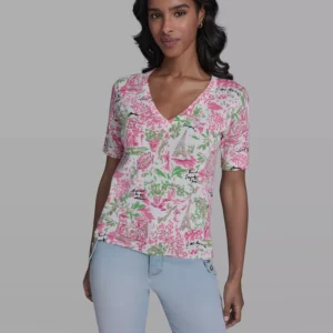 Women's V-Neck Parisian Floral Printed Pull-On Sweater