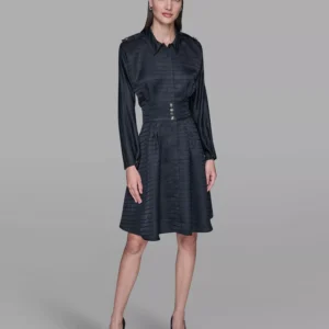 Women's Tonal Long-Sleeve Collared Jacquard Dress