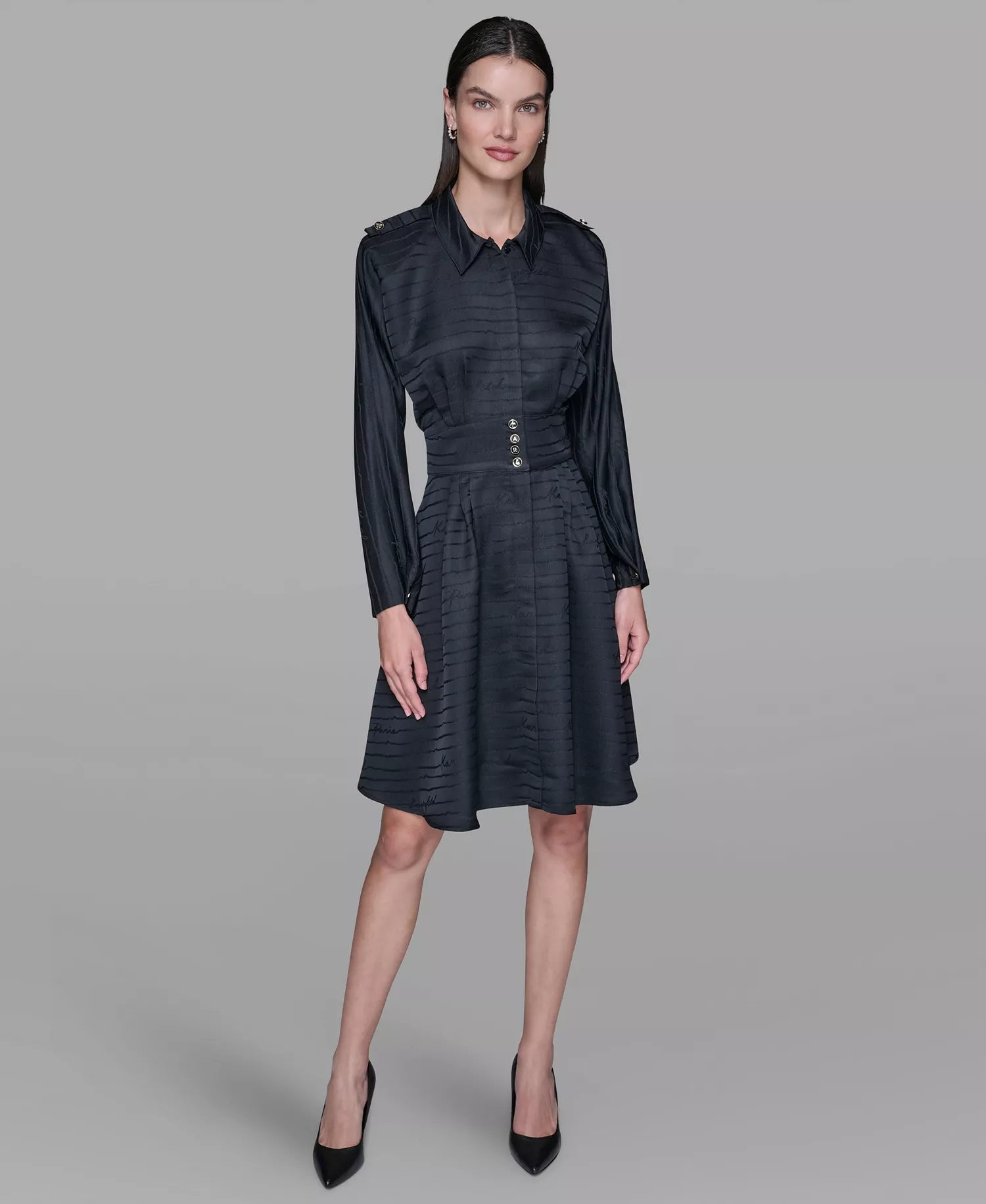 mni-6544035f5fdcd2e3c2f4aae0e49fdb58 Women's Tonal Long-Sleeve Collared Jacquard Dress