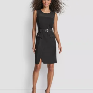 Women's Sleeveless Scuba Crepe Mesh Sheath Dress