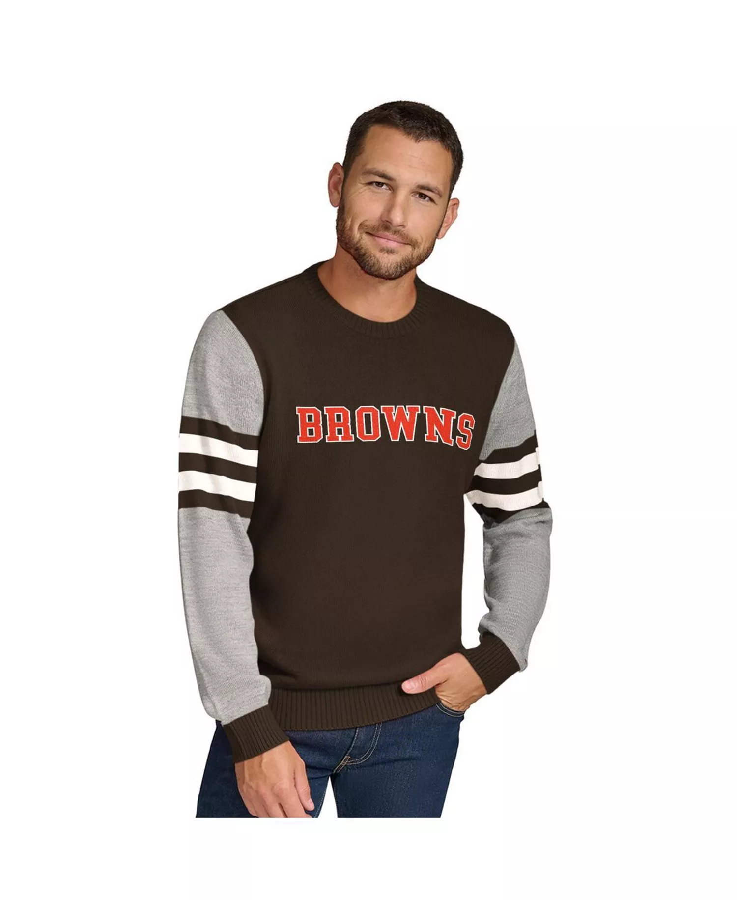 mni-69fc55bf3565e103e685b95528072961 Men's Brown/Heather Gray Cleveland Browns Acrylic Crewneck Pullover Sweatshirt