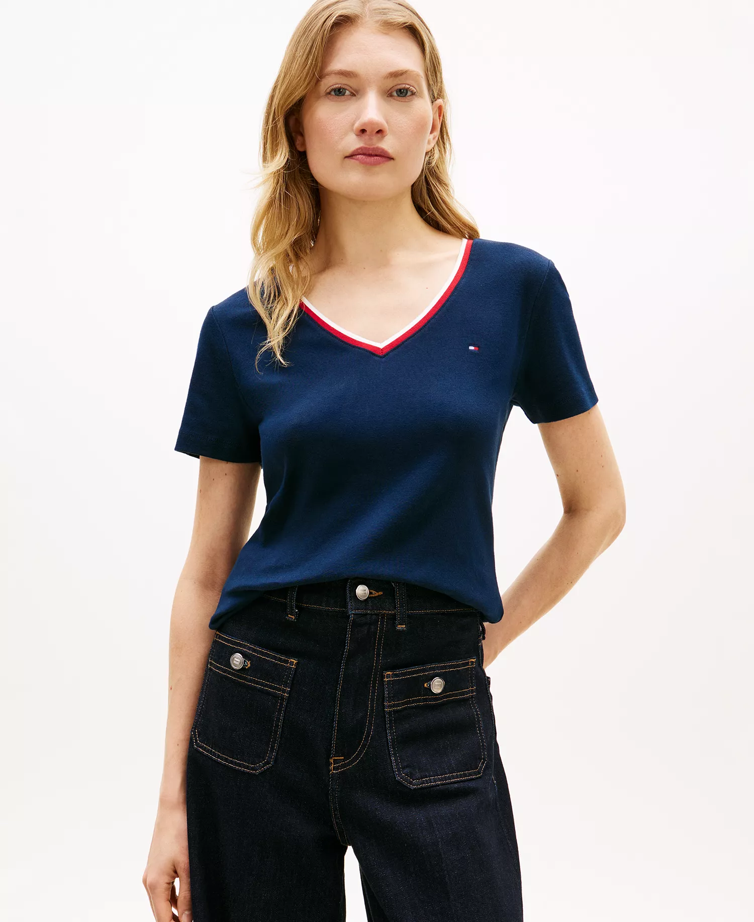 mni-6aa3b3c4836b819f3e133dcae3cac117 Women's Stripe Slim V-Neck Short-Sleeve T-Shirt — изображение 3
