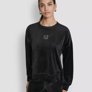 Women's Super Soft Velour Rhinestone Stacked Logo Crewneck Pullover Top