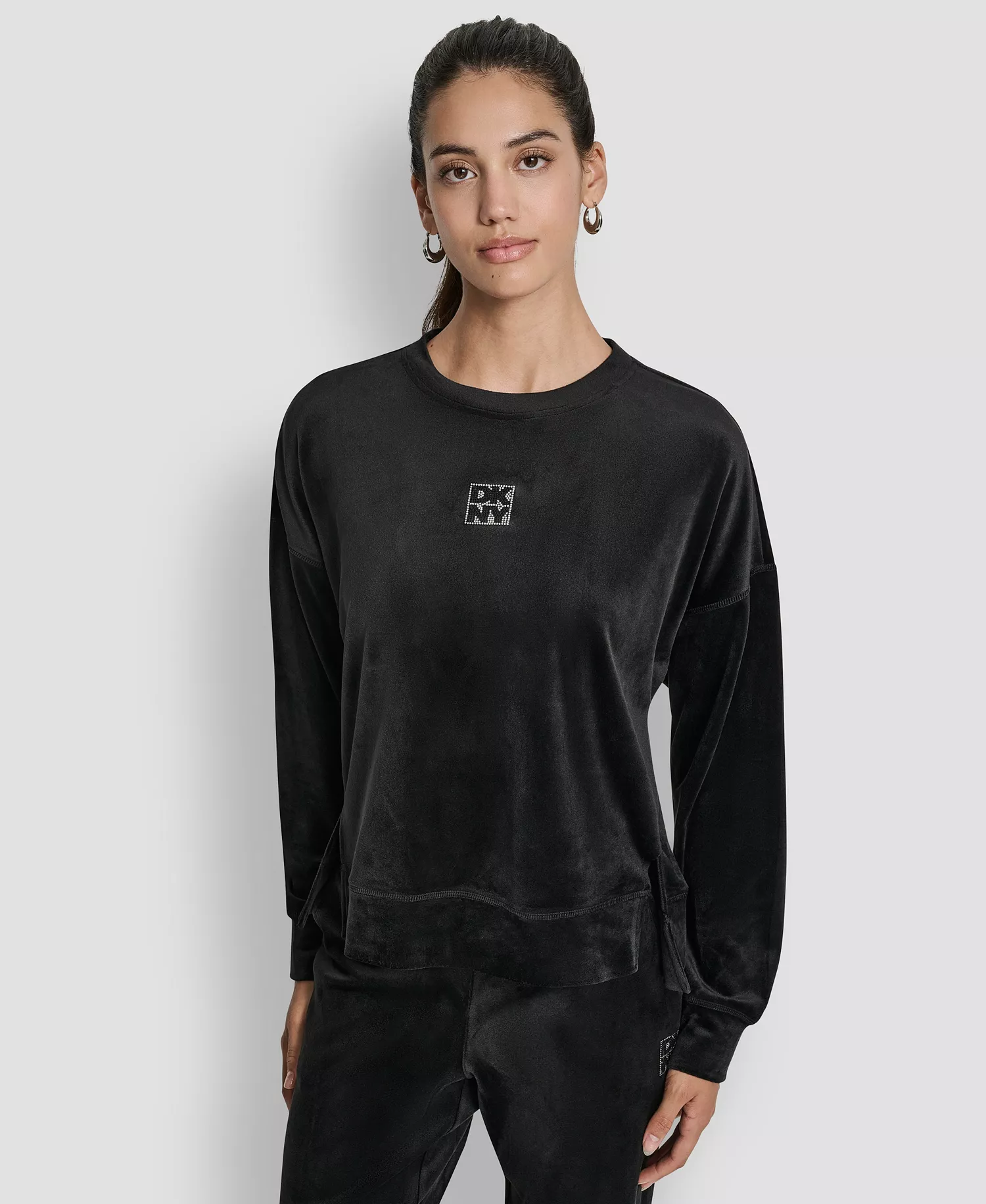 mni-6abd9a4a2e21e9b95783e41bebe02f01 Women's Super Soft Velour Rhinestone Stacked Logo Crewneck Pullover Top