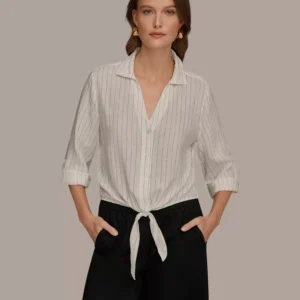 Women's Linen Button-Front Tie Blouse