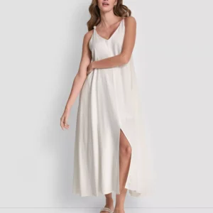 Women's Linen-Blend Knotted Strap V-Neck A-Line Dress