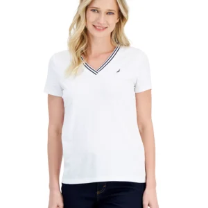 Women's Solid Stripe-Trim V-Neck