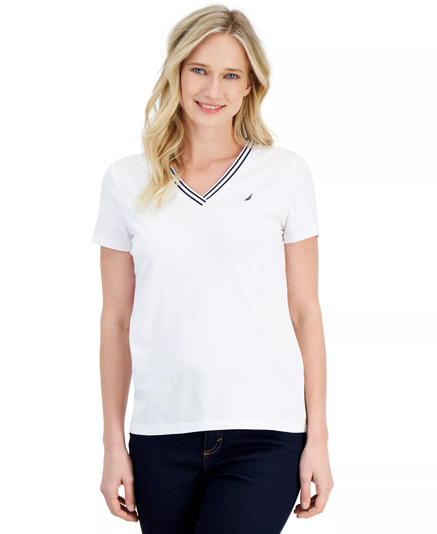 mni-6cc4488451c7a4b89a642d5141d644c0 Women's Solid Stripe-Trim V-Neck