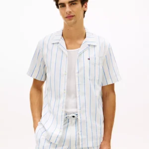 Men's Camp Collar Textured Weave Cotton Stripe Shirt