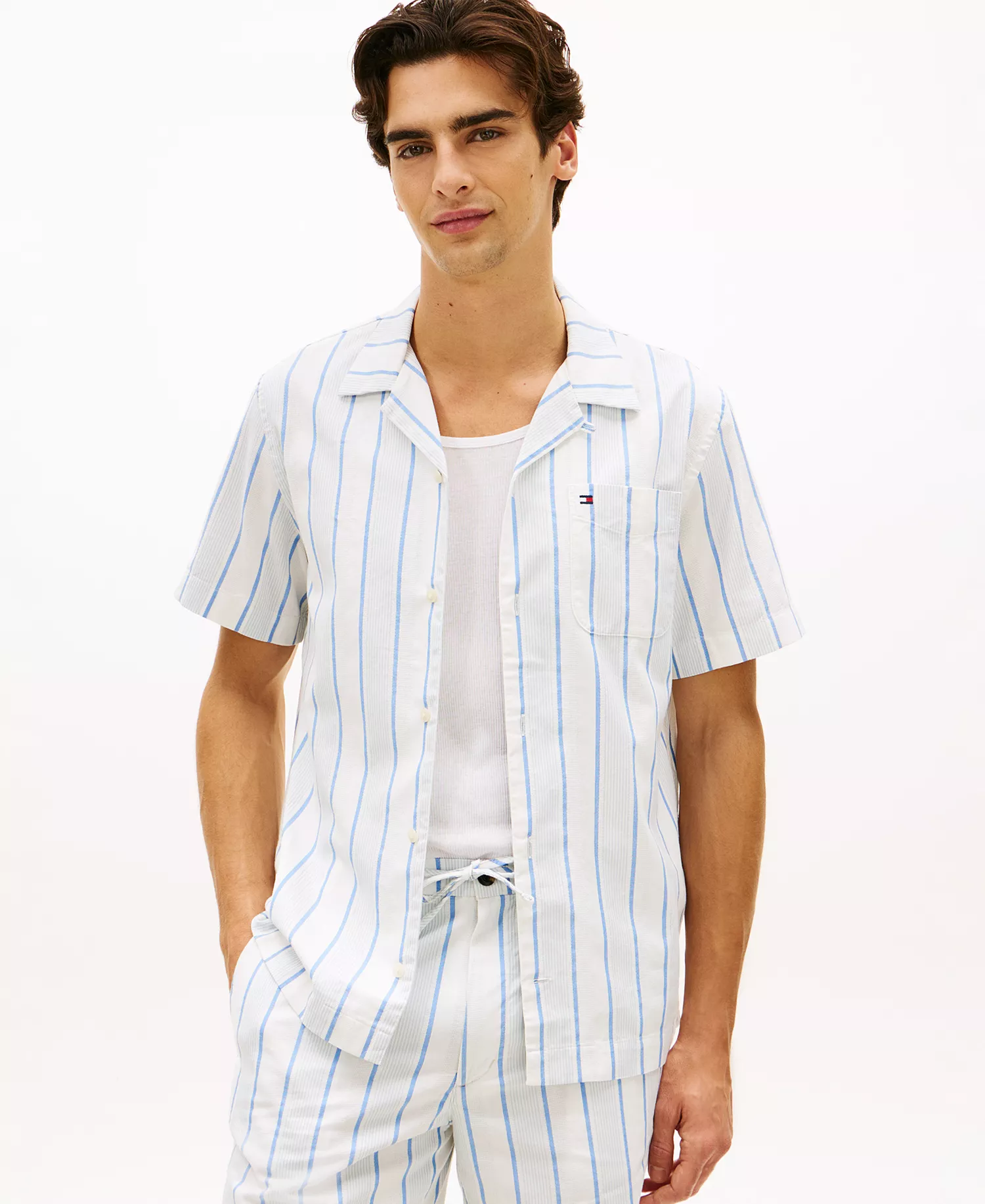 mni-6ccebcc7096c3a6b46c88dce1ea45585 Men's Camp Collar Textured Weave Cotton Stripe Shirt