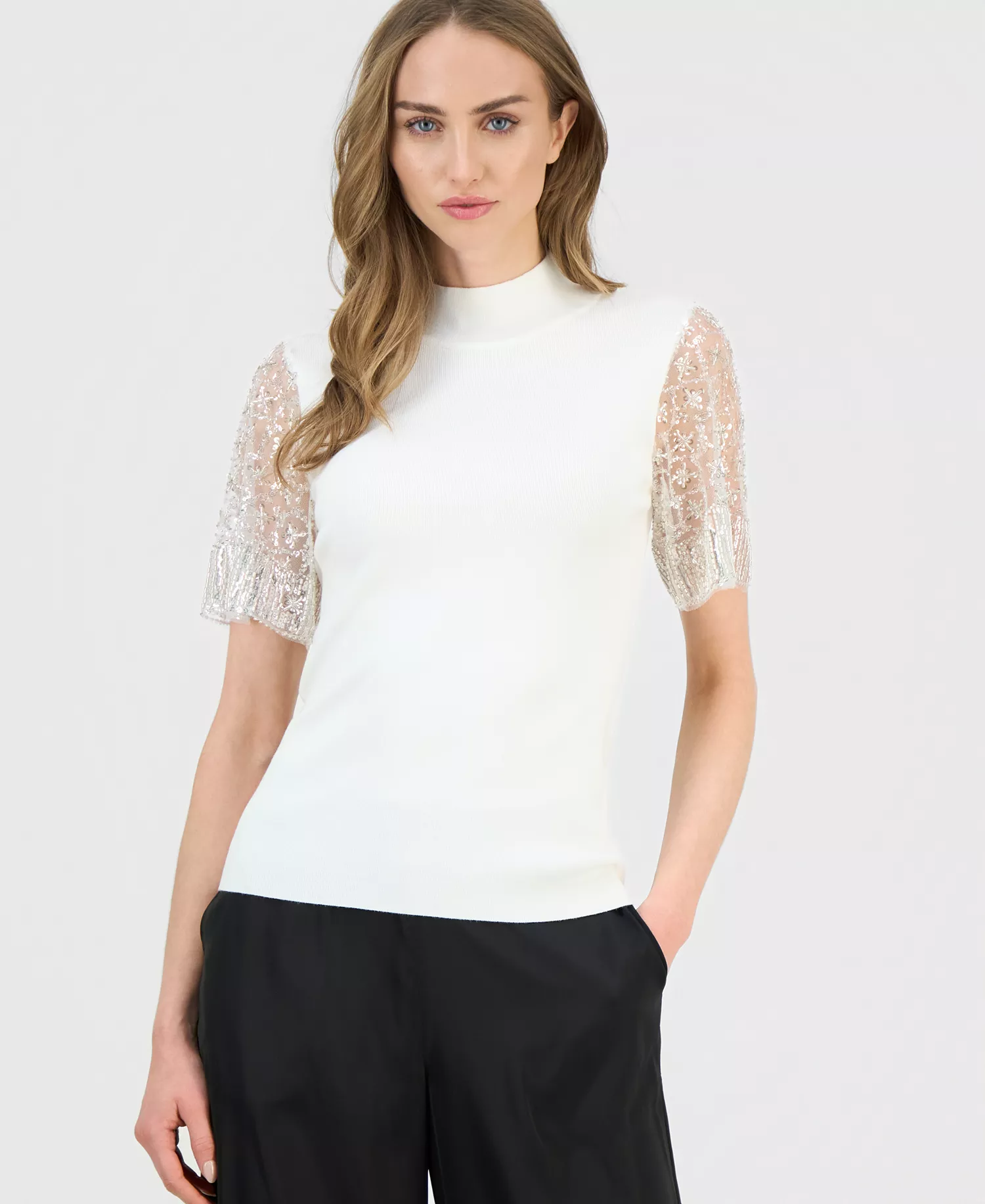 mni-6d3121e2e69bcb8a061663d192739554 Women's Beaded-Sleeve Mock Neck Sweater — изображение 3
