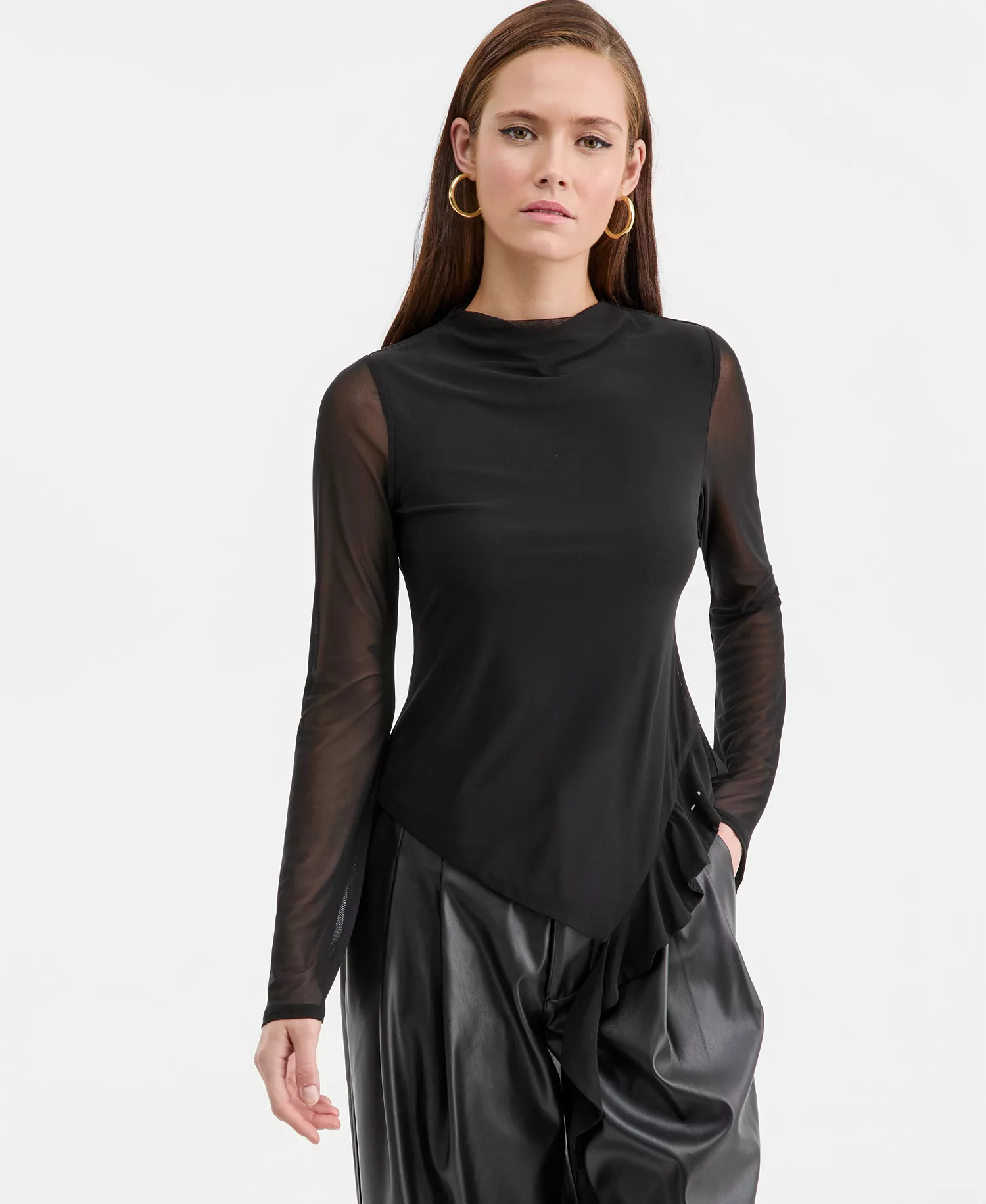 mni-6ff501830cfda92a8a1cf22a2faa6335 Women's Mock-Neck Asymmetrical Ruffled-Hem Top, Macy's Exclusive