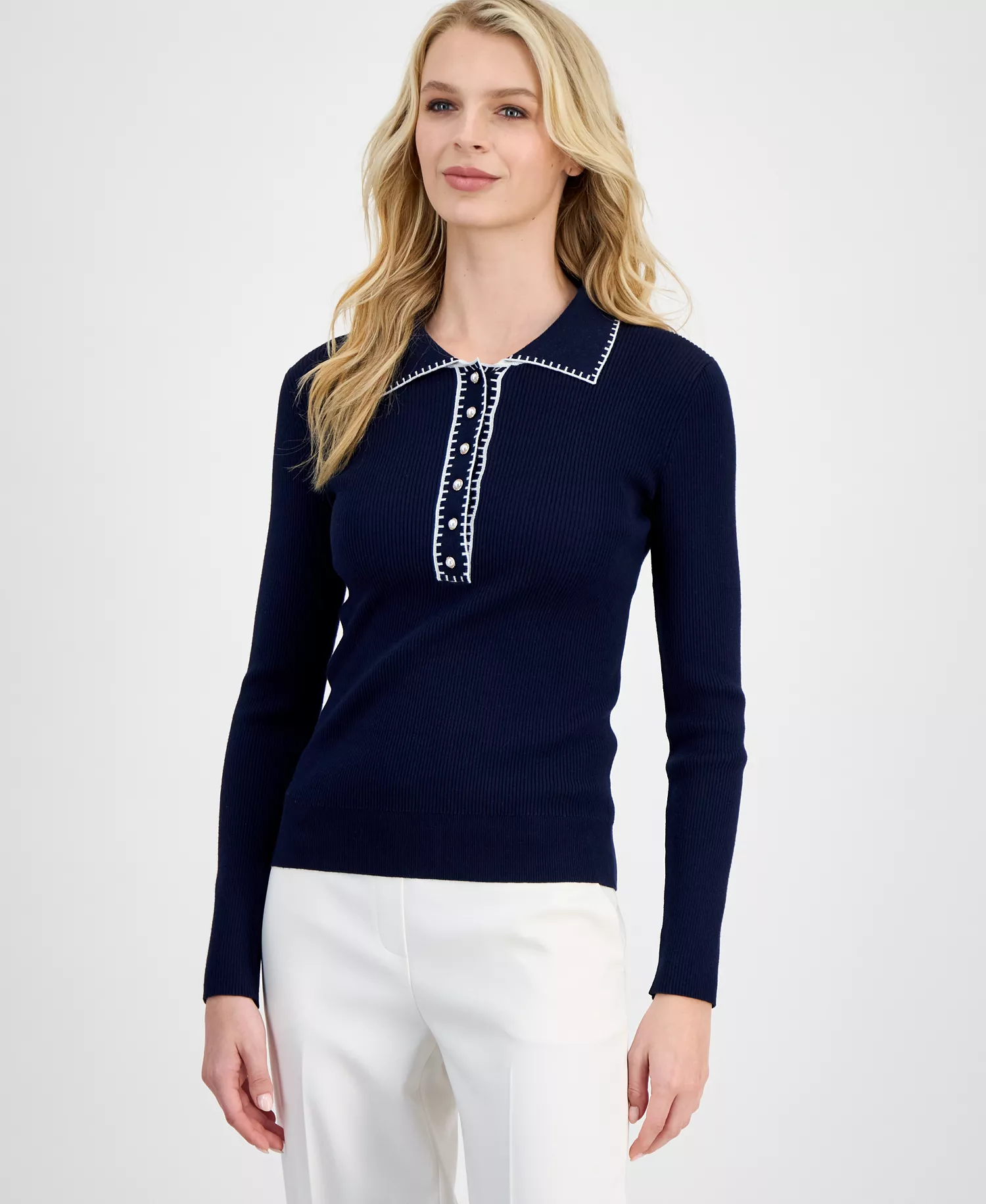 mni-70505ba0d875748a156fe401e8245afb Women's Whipstitch Trim Ribbed Knit Sweater