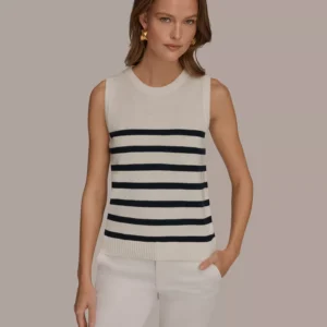 Women's Cotton Cashmere Striped Sleeveless Sweater