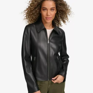 Women's Faux Leather Laydown Collar Jacket
