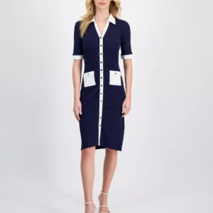 Women's Ribbed Knit Contrast Trim Sheath Dress