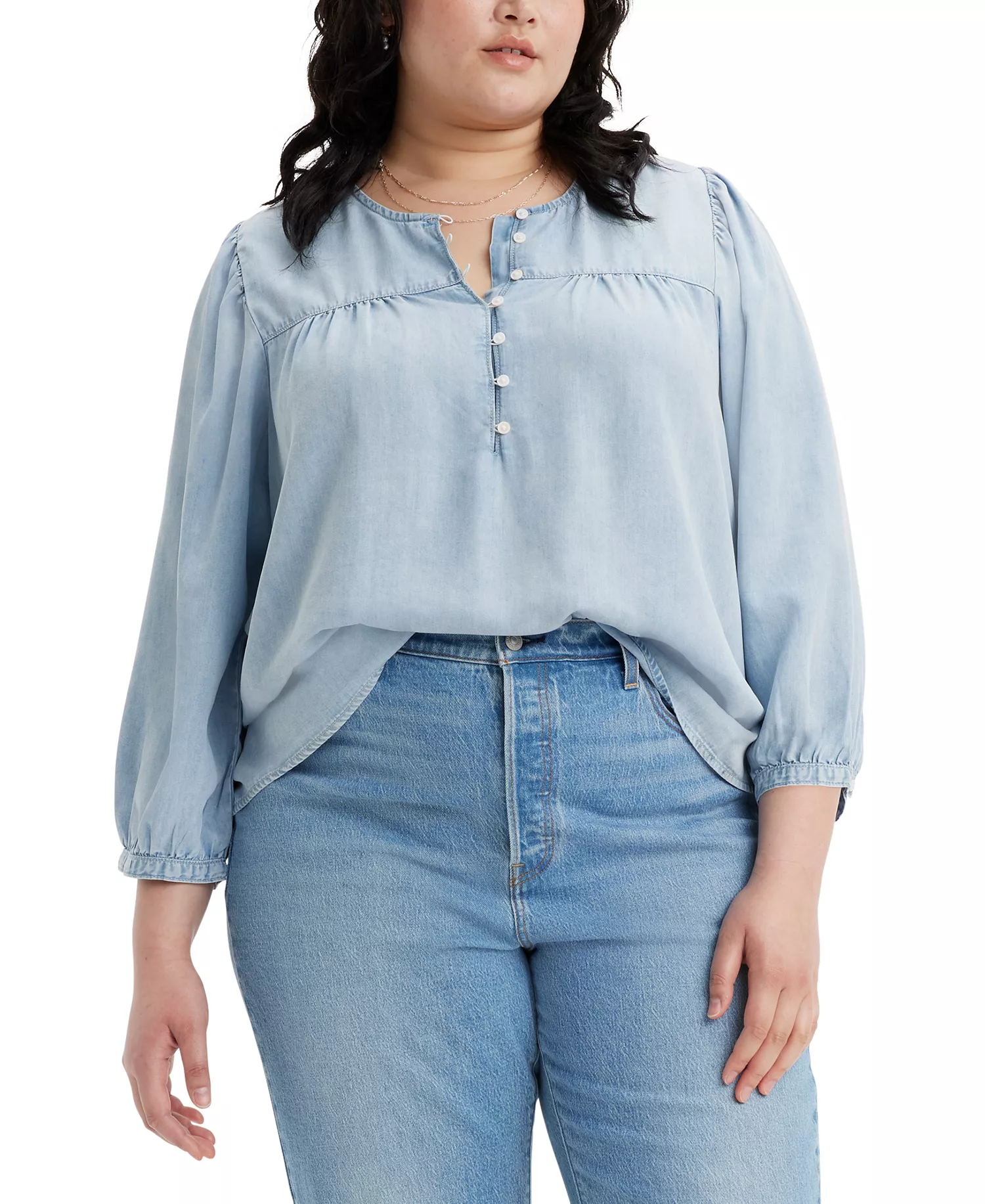 mni-74807950e6d63e41bae5385b1470aa81 Plus Size Halsey 3/4-Sleeve Button-Front Blouse