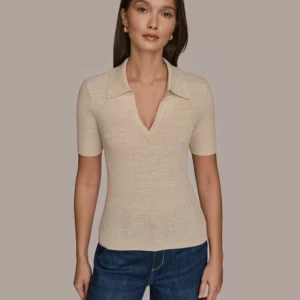 Women's Cotton Rib Elbow Sleeve Polo Sweater