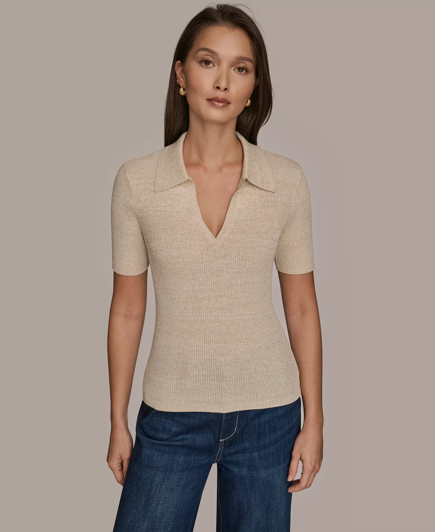 mni-75fc4d305444c5820aa40bc417158173 Women's Cotton Rib Elbow Sleeve Polo Sweater