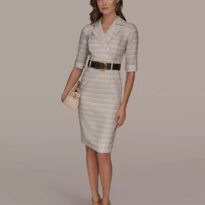 Women's Notched Lapel Striped Sheath Dress