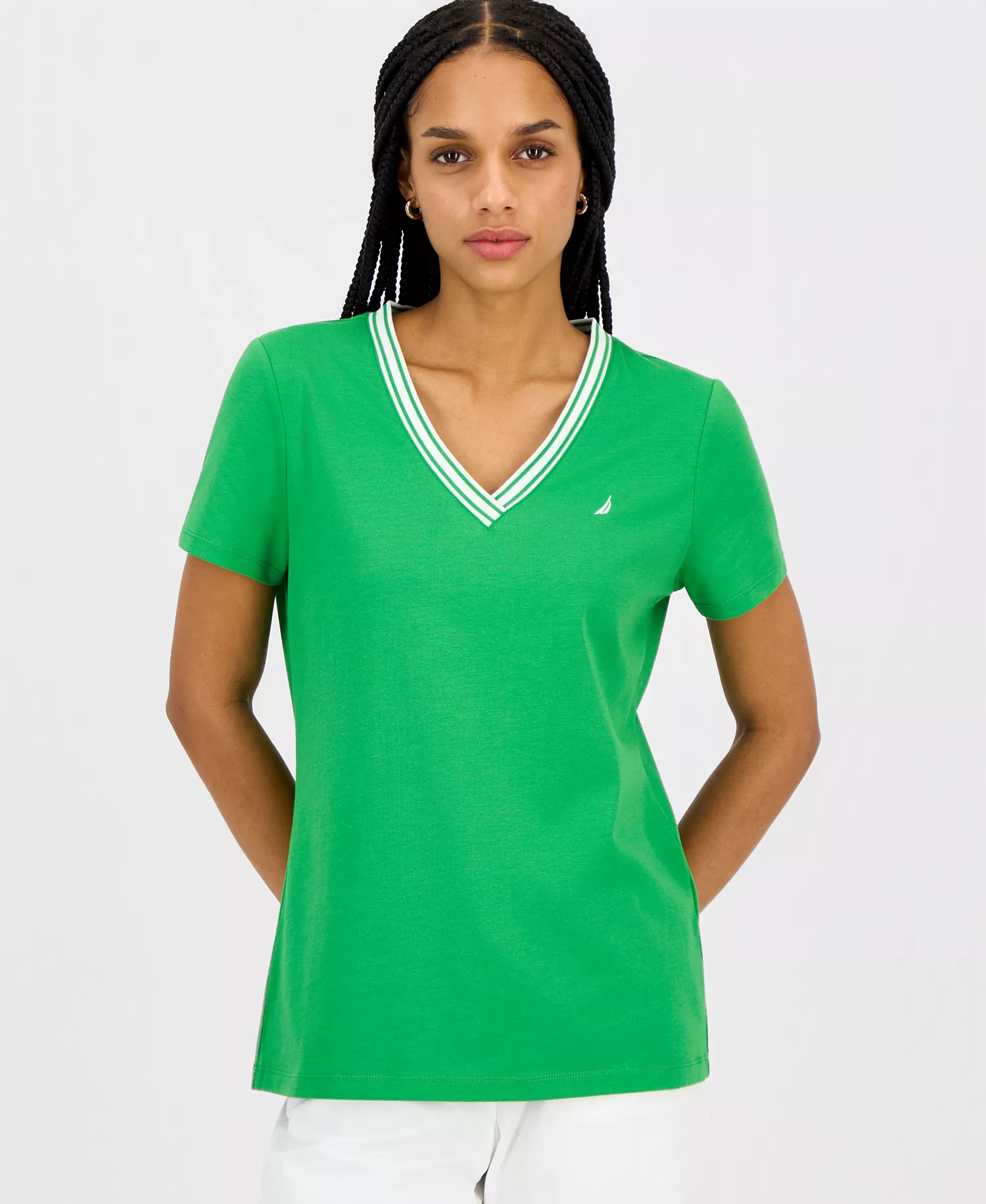 mni-79b9dc5efb9ac73600d26aef4f9b45c2 Women's Solid Stripe-Trim V-Neck — изображение 8