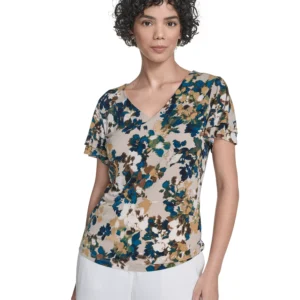 Women's Printed Flutter-Sleeve V-Neck Top