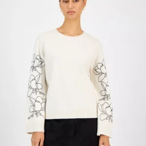 Women's Embroidered-Sleeve Crewneck Sweater